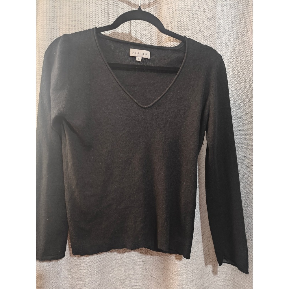Jigsaw Womens Black Silk Angora Blend V-Neck Long Sleeve Sweater Size L